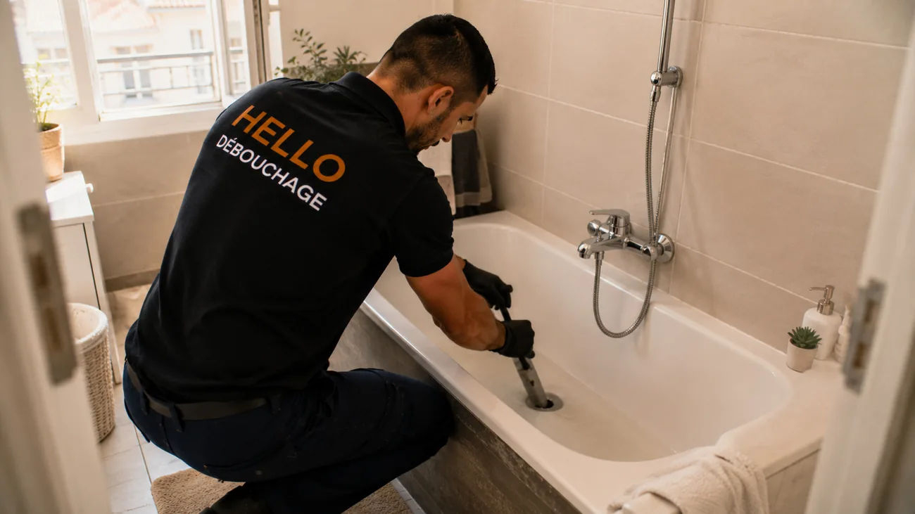 Technicien Hello Débouchage débouchant la bonde d'une baignoire à la pompe manuelle dans un appartement à Marseille 13007 (Endoume)