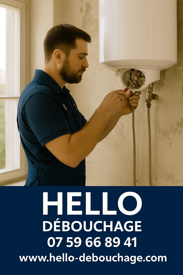 Plombier de Hello Débouchage réparant un chauffe-eau électrique à Marseille 13002. Numéro de téléphone et site web affichés pour contact rapide.