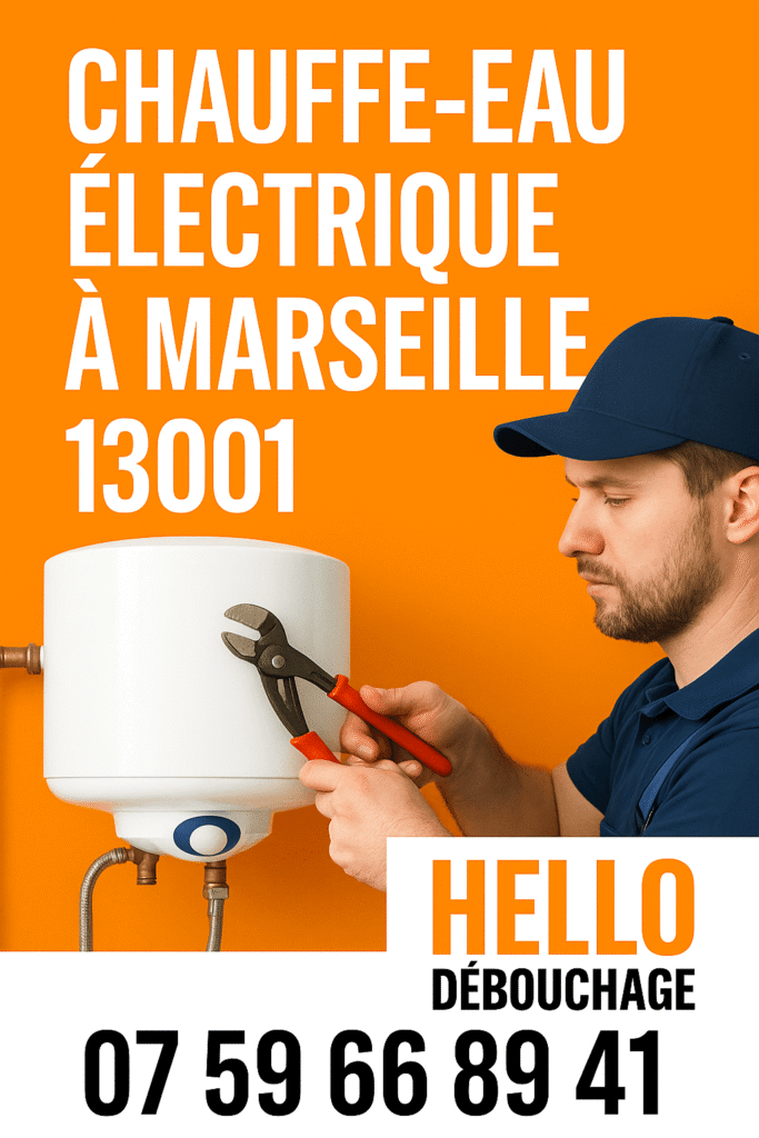 Plombier de Hello Débouchage Marseille en train de réparer un chauffe-eau électrique mural, avec fond orange et numéro de téléphone 07 59 66 89 41 affiché.