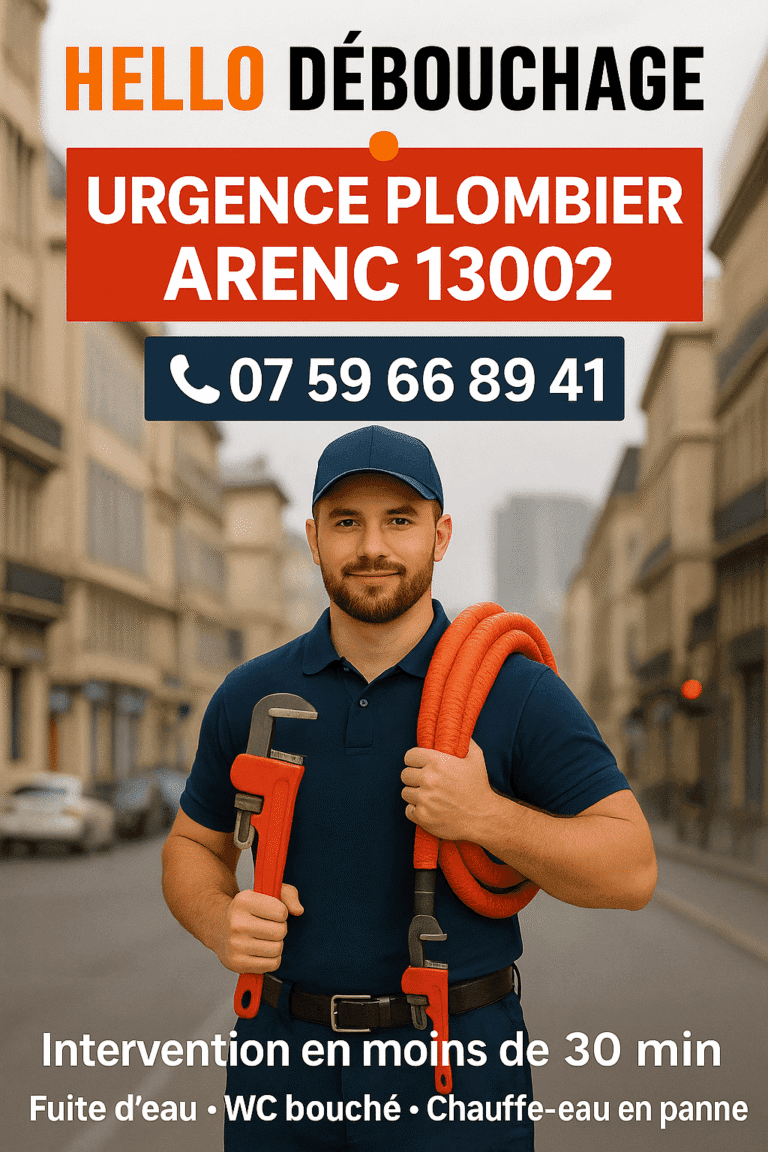 Plombier de Hello Débouchage Marseille tenant un tuyau et une clé dans une rue du quartier Arenc, avec le numéro de téléphone pour intervention en urgence.