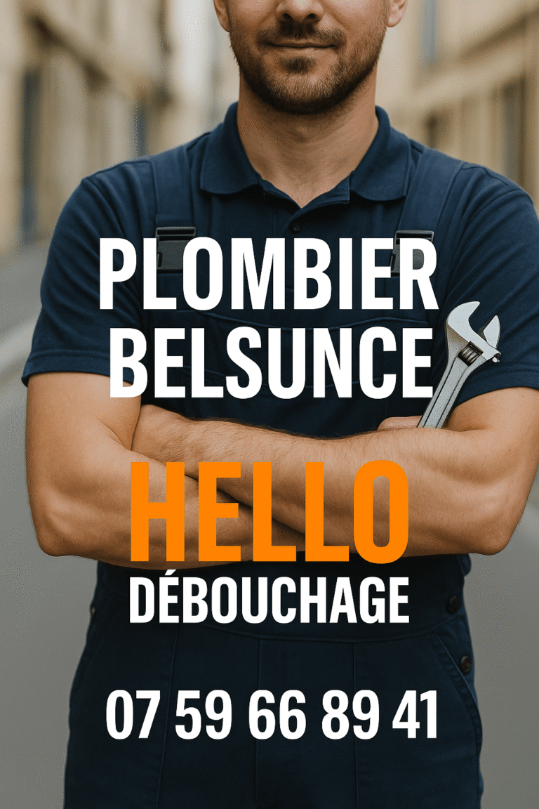Plombier professionnel de Hello Débouchage posant dans une rue du quartier Belsunce à Marseille, bras croisés, portant une clé à molette et une tenue de travail bleue.