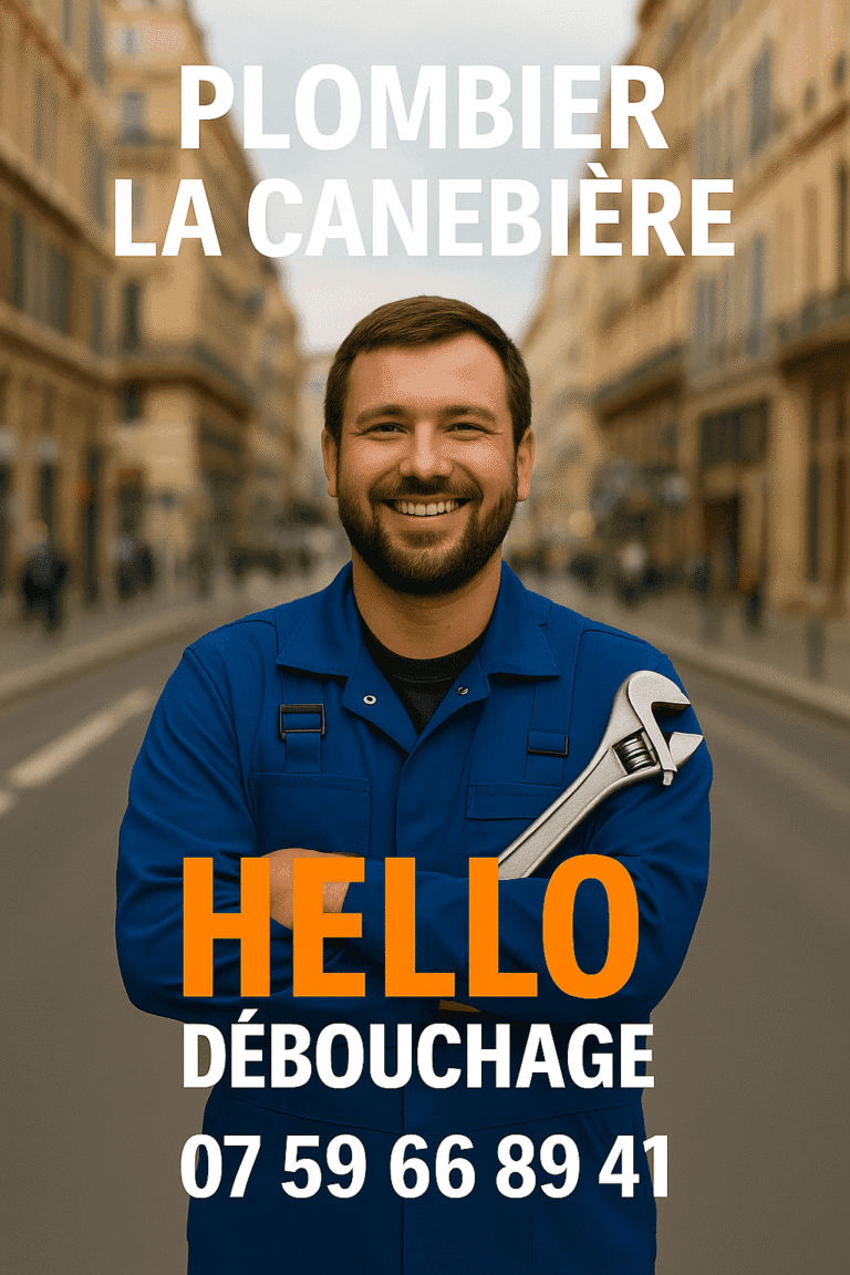 Plombier professionnel de Hello Débouchage posant sur La Canebière à Marseille 13001, tenant une clé à molette avec le numéro de contact affiché clairement.