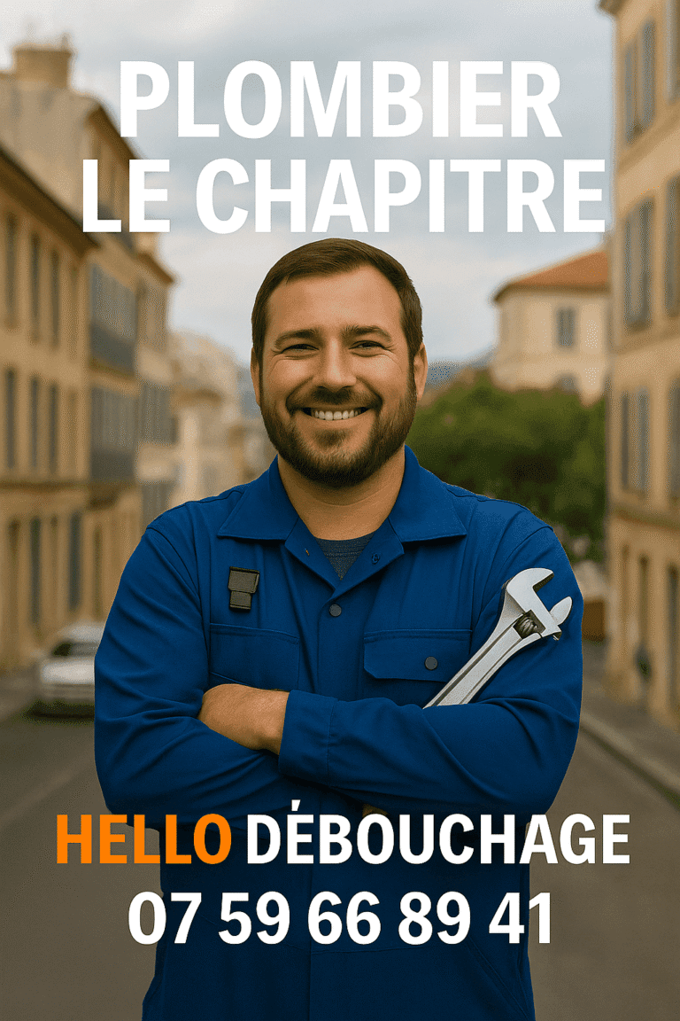Plombier souriant de Hello Débouchage posant dans le quartier Le Chapitre à Marseille 13001, avec clé à molette, tenue bleue, et numéro de téléphone affiché.
