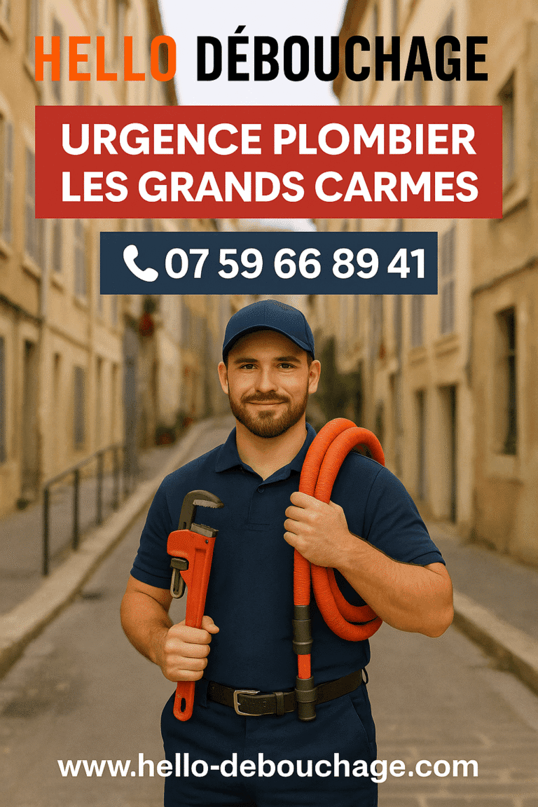 Plombier professionnel de Hello Débouchage à Les Grands Carmes, Marseille 13002, tenant un tuyau et une clé dans une ruelle typique du quartier historique.