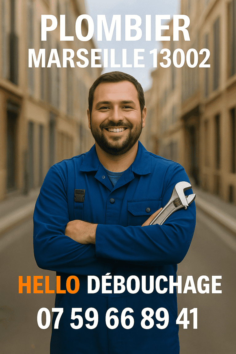 Plombier professionnel de Hello Débouchage souriant, en tenue de travail, posant dans le quartier de Marseille 13002 avec numéro de téléphone visible pour intervention urgente.