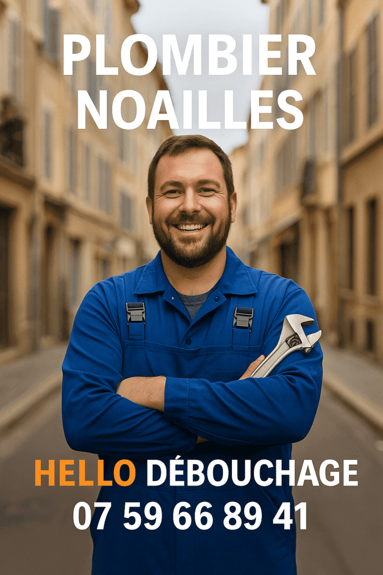 Plombier professionnel de Hello Débouchage intervenant dans le quartier Noailles à Marseille 13001, avec clé à molette et numéro de téléphone visible.