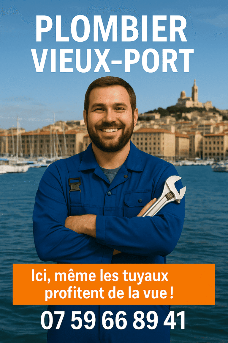 Plombier de Hello Débouchage souriant en bord de quai au Vieux-Port de Marseille, tenant une clé à molette, avec numéro de téléphone et ambiance locale en arrière-plan.