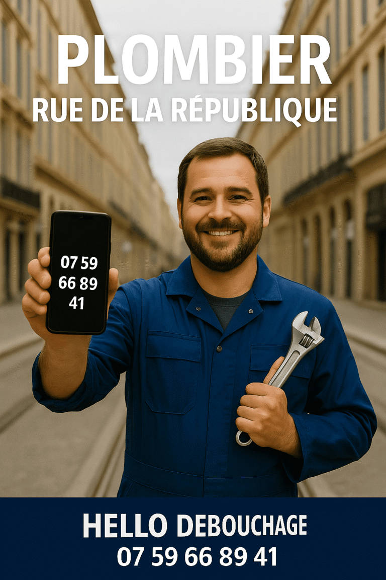 Plombier Hello Débouchage debout dans la rue de la République à Marseille 13002, prêt à intervenir pour une fuite ou un débouchage en urgence.
