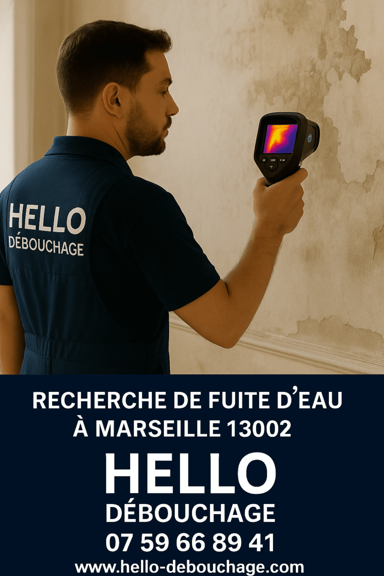 Technicien de Hello Débouchage réalisant une recherche de fuite dans un appartement à Marseille 13002 avec matériel de détection, numéro de téléphone visible.