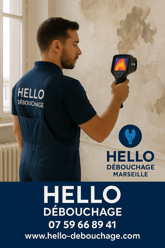 Plombier de Hello Débouchage Marseille inspectant un mur humide à l’aide d’une caméra thermique dans un appartement à Marseille 13001
