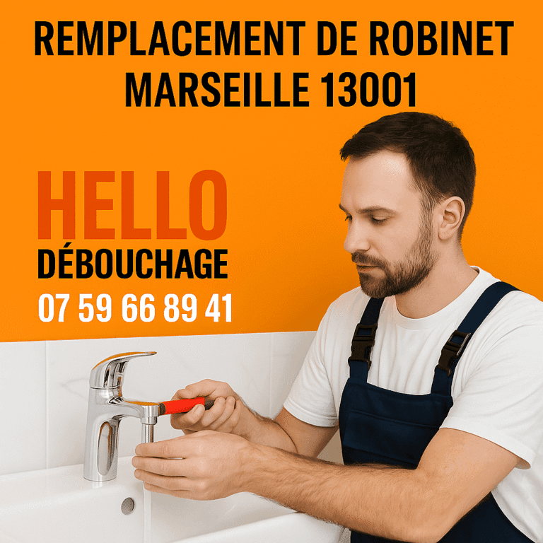 Plombier de Hello Débouchage en train d’effectuer un remplacement de robinet dans une salle de bain à Marseille 13001, avec numéro de téléphone affiché.