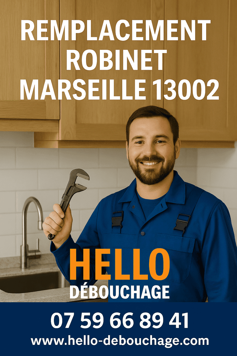 Plombier Hello Débouchage effectuant un remplacement de robinet à Marseille 13002. Visuel professionnel avec numéro de téléphone et marquage clair.