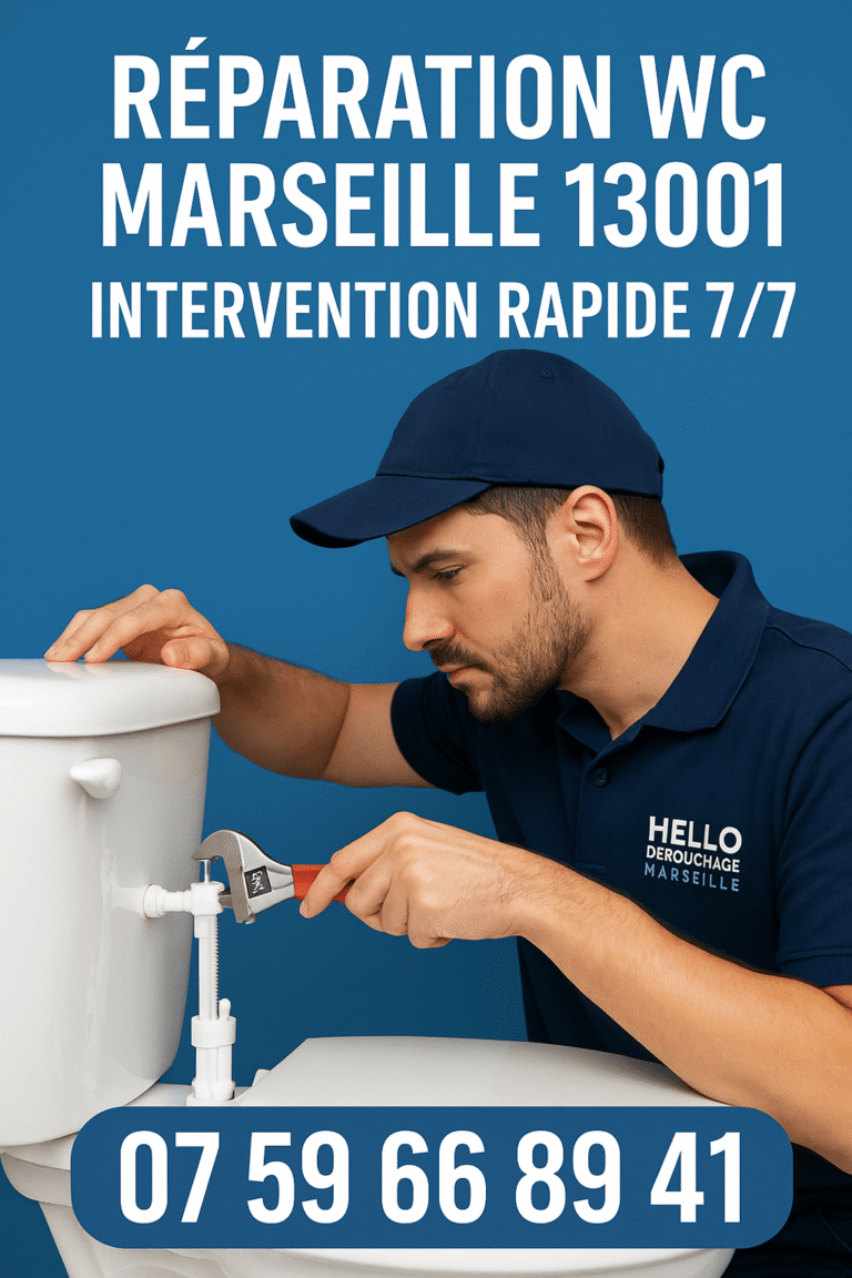Plombier professionnel de Hello Débouchage Marseille réparant un mécanisme de WC avec une pince dans le 13001, sur fond bleu avec numéro 07 59 66 89 41 affiché.