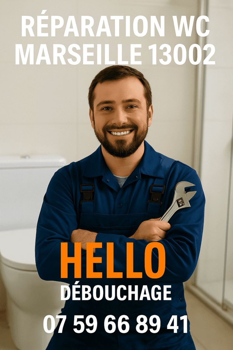 Plombier professionnel de Hello Débouchage réparant des WC à Marseille 13002, avec sourire et outillage, numéro de téléphone visible pour une intervention rapide.