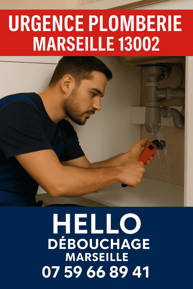 Plombier de Hello Débouchage intervenant en urgence dans un appartement du 13002 à Marseille, équipé pour une fuite ou un WC bouché, avec numéro de téléphone affiché.