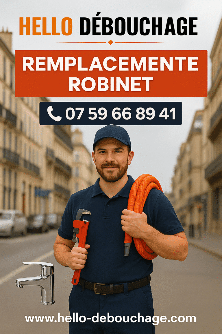 Plombier Hello Débouchage à Marseille 13003, équipé d’un robinet neuf et d’une clé, prêt à intervenir pour le remplacement de robinet dans une rue typique du quartier.