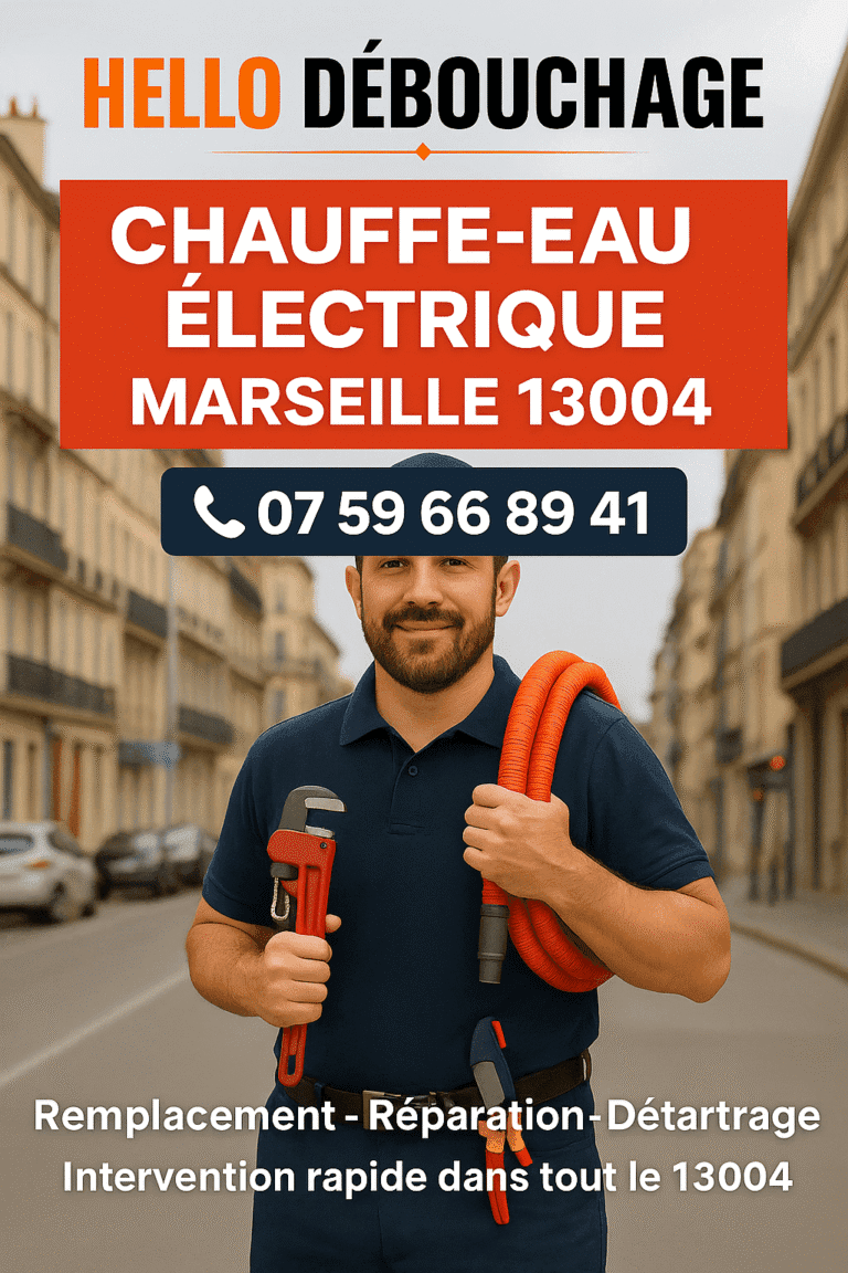 Plombier professionnel de Hello Débouchage Marseille, prêt à intervenir pour un chauffe-eau en panne dans le 13004, avec outillage en main dans une rue typique de Marseille.