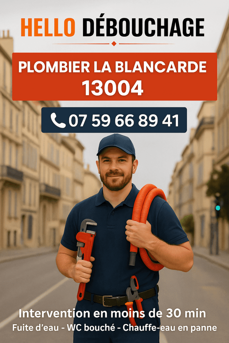 Plombier Hello Débouchage intervenant à La Blancarde, quartier du 13004 Marseille, équipé et souriant, prêt à réparer une fuite ou déboucher un évier.