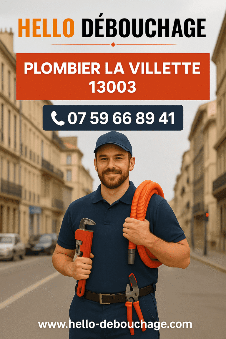 Plombier Hello Débouchage à La Villette (13003 Marseille), debout avec ses outils dans une rue typique du quartier, prêt pour une intervention plomberie.