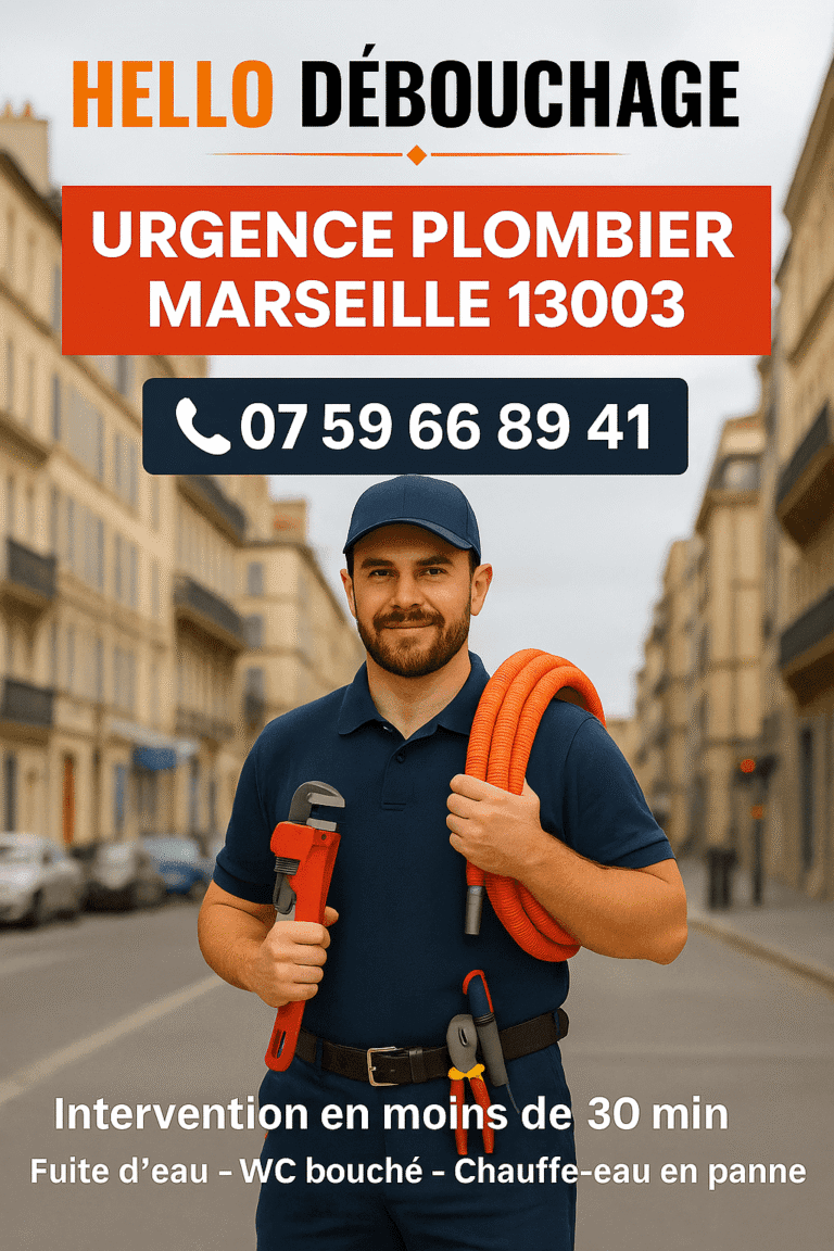 Plombier de Hello Débouchage à Marseille 13003, tenant une clé à molette et un tuyau orange, prêt à intervenir en urgence dans une rue typique du 3e arrondissement.