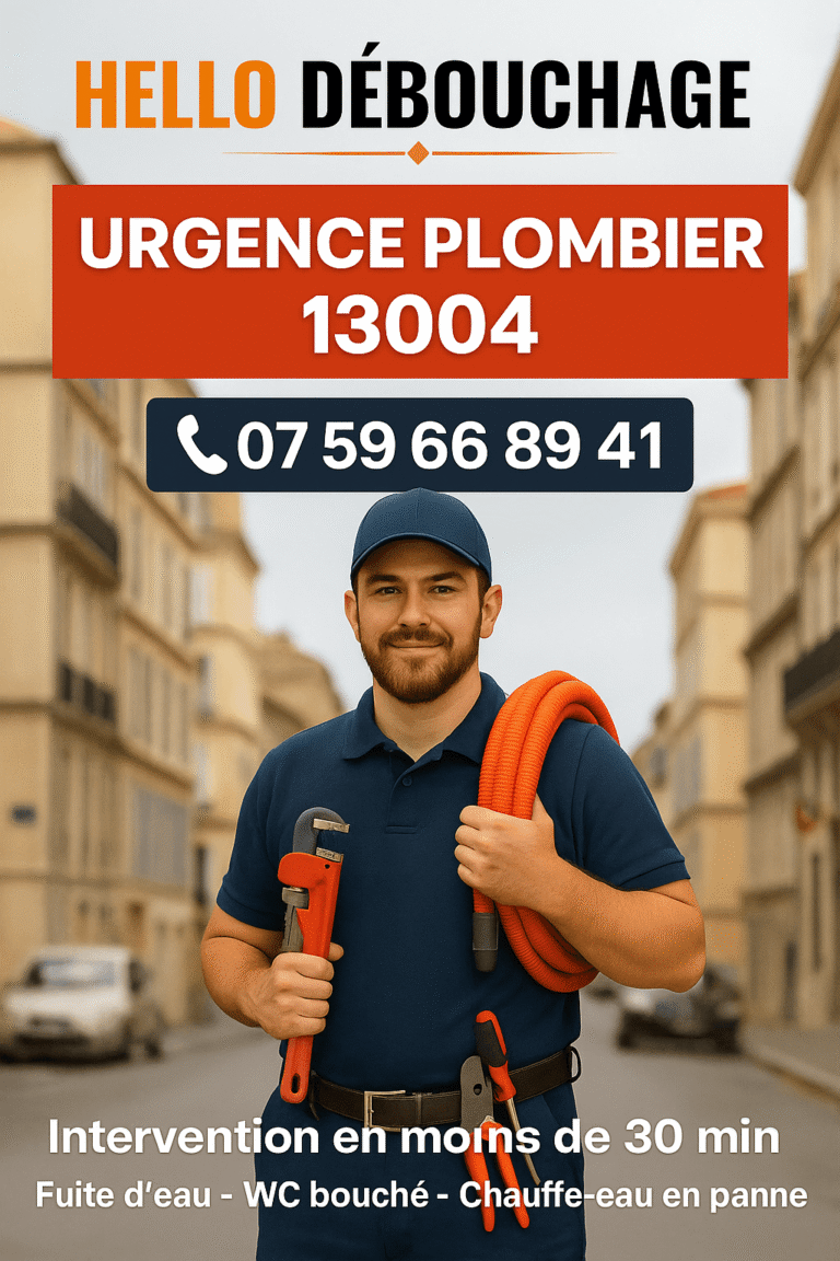 Plombier professionnel Hello Débouchage intervenant à Marseille 13004, prêt à réparer une fuite ou déboucher un évier, dans une rue résidentielle.
