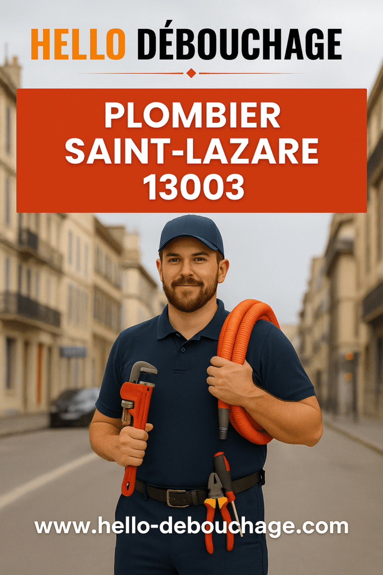 Plombier Hello Débouchage intervenant à Saint-Lazare dans le 13003 à Marseille, équipé pour résoudre une fuite ou déboucher un évier, dans une rue résidentielle du quartier.