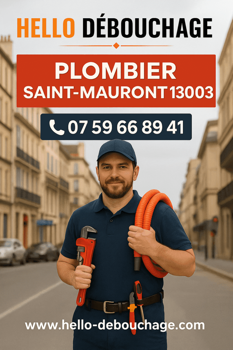 Plombier professionnel Hello Débouchage à Saint-Mauront (13003 Marseille), prêt à intervenir en urgence avec ses outils dans une rue résidentielle du quartier.
