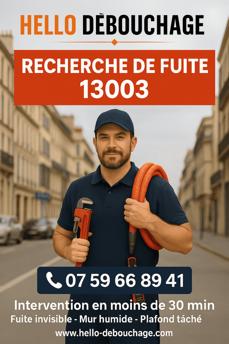 Plombier de Hello Débouchage Marseille tenant un tuyau et une clé devant une rue typique du 13003, prêt à intervenir pour une recherche de fuite.