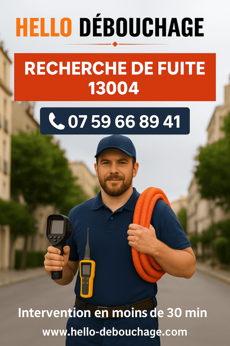 Technicien Hello Débouchage équipé pour détecter une fuite dans le 13004 Marseille, prêt à intervenir dans un quartier résidentiel.