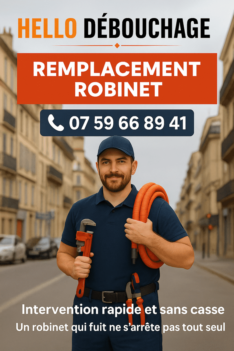 Plombier Hello Débouchage à Marseille 13004, prêt à remplacer un robinet défectueux, avec outillage professionnel dans une rue typique marseillaise.