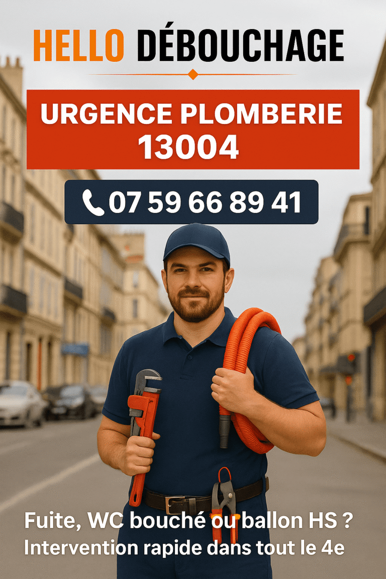 Plombier de Hello Débouchage prêt à intervenir en urgence dans le 13004 Marseille, équipé pour réparer une fuite ou déboucher une canalisation.
