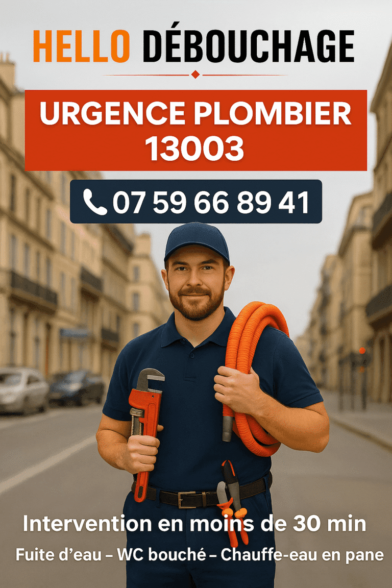 Plombier de Hello Débouchage Marseille prêt à intervenir en urgence dans le 13003, équipé d’une clé à molette et d’un tuyau, dans une rue typique de Marseille.